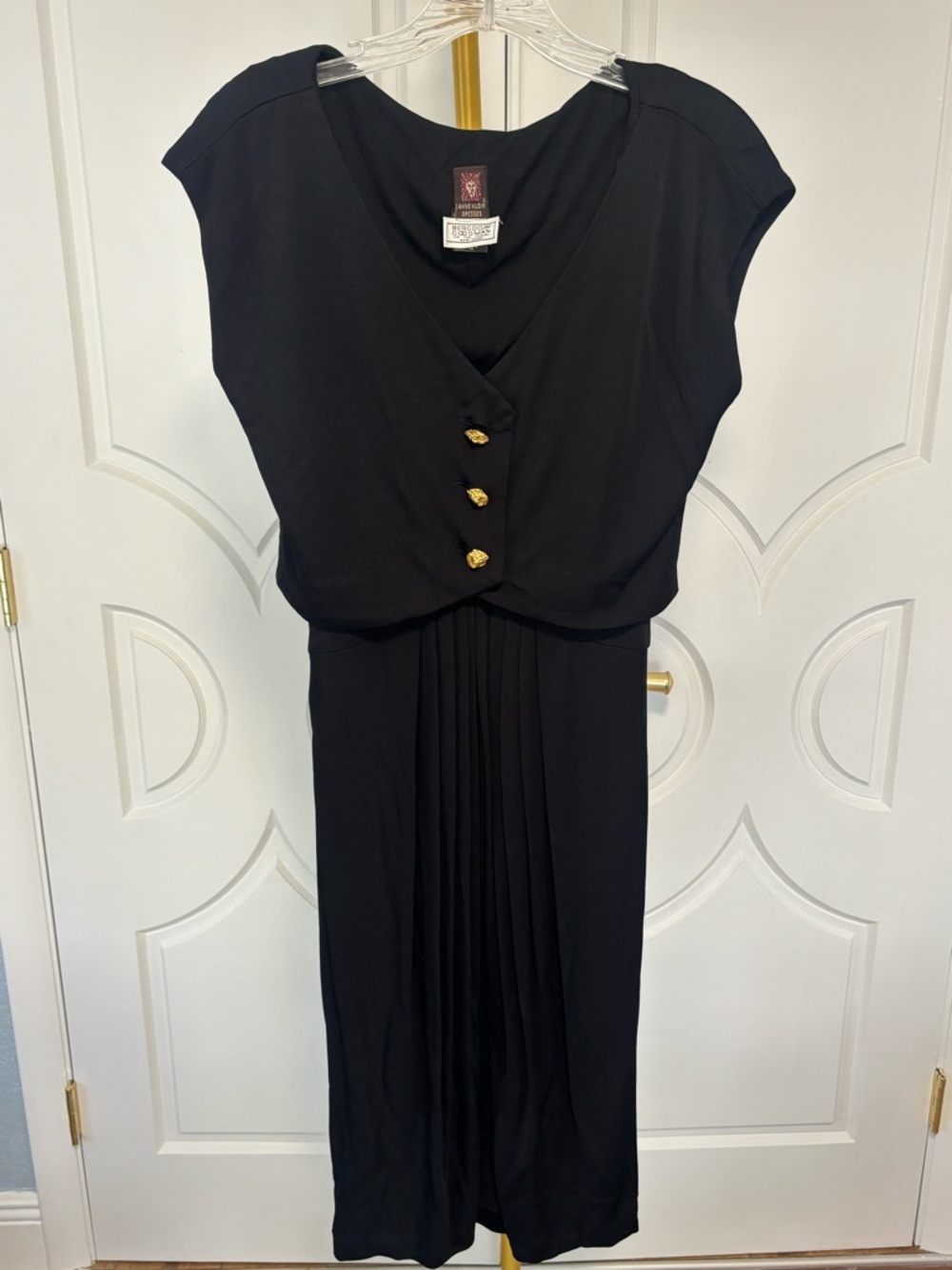 Vintage Anne Klein Dress Bergdorf Goodman Black Gold Lion Button Midi Size 4